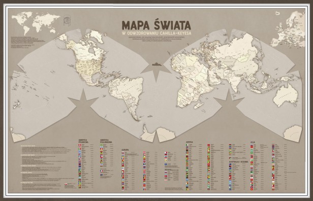 Duża mapa świata Cahill–Keyes 140×90 cm, perłowa – cały plakat z kontynentami, legendą i flagami