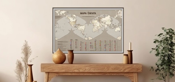 Mapa świata na ścianę 140×90 cm w odwzorowaniu Cahill–Keyes, perłowa – właściwe rozmiary kontynentów