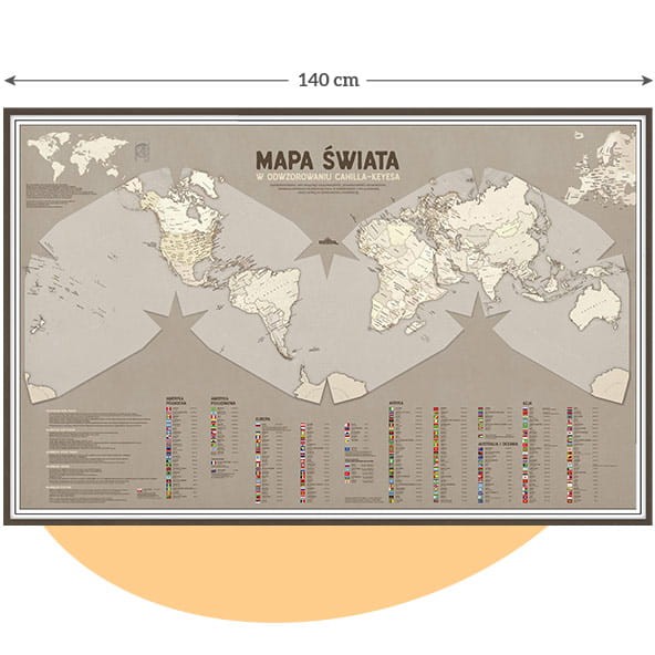 Duża mapa świata Cahill–Keyes 140×90 cm, perłowa – cały plakat z kontynentami, legendą i flagami
