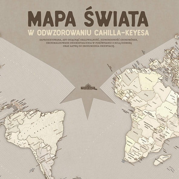 Napis „Mapa świata w odwzorowaniu Cahilla-Keyesa” – zbliżenie na nagłówek mapy (perłowa)
