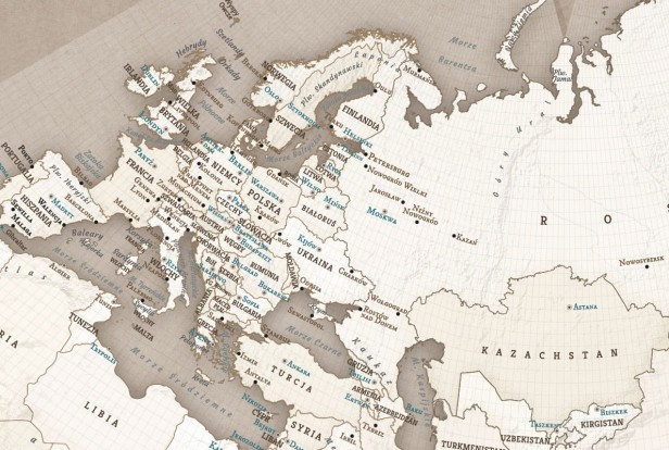 Fragment mapy świata Cahill–Keyes – fragment Azji i Europy, widoczne granice państw i nazwy