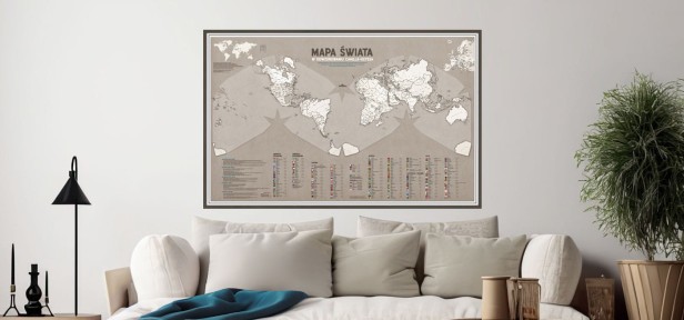 Mapa świata na ścianie w salonie 140×90 cm w odwzorowaniu Cahill–Keyes, styl skandynawski – właściwe rozmiary kontynentów