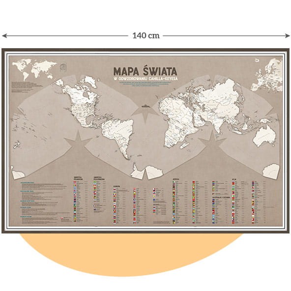 Mapa świata na ścianę 140×90 cm w odwzorowaniu Cahill–Keyes, styl skandynawski – właściwe rozmiary kontynentów