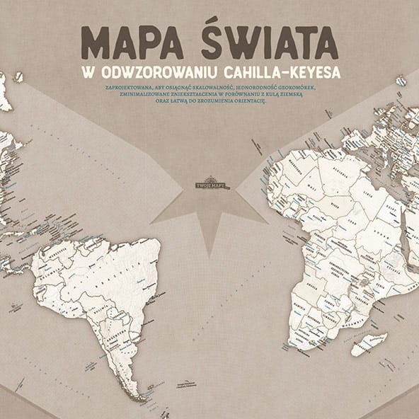 Napis „Mapa świata w odwzorowaniu Cahilla-Keyesa” – zbliżenie na nagłówek mapy (skandynawska)