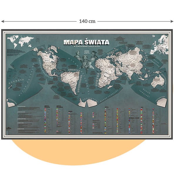 Mapa świata 140 cm szerokości – format 140×90 dla młodzieży, butelkowa zieleń, ścienna mapa świata Cahill–Keyes z listą państw i flagami