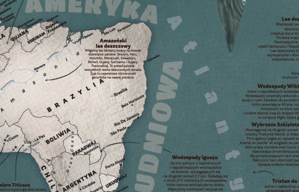 Mapa świata dla młodzieży butelkowa zieleń – zbliżenie Ameryki Południowej i ciekawostek (Amazonia, Wodospady Iguazu), mapa z 50 inspirującymi miejscami
