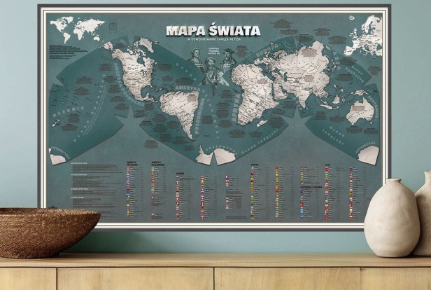 Duża mapa świata na ścianę dla nastolatka 140×90 – butelkowa zieleń, odwzorowanie Cahill–Keyes (prawdziwsze proporcje kontynentów), 50 ciekawostek
