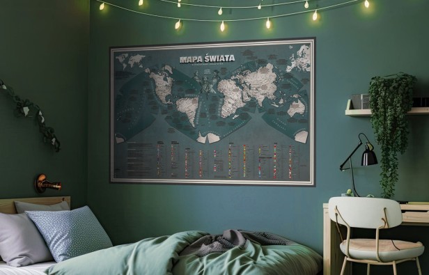 Mapa świata do pokoju nastolatka – butelkowa zieleń 140×90 cm, nowoczesna mapa edukacyjna na ścianę z państwami i ciekawostkami