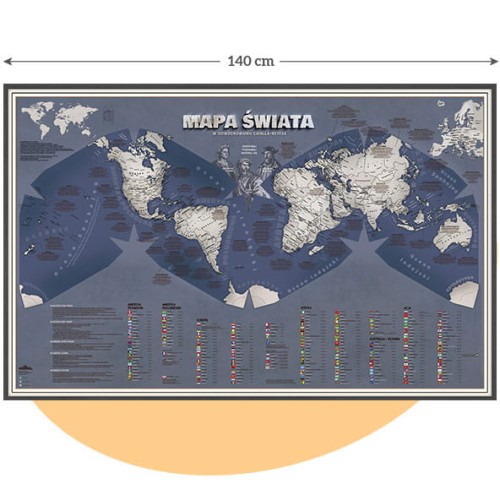 Mapa świata dla nastolatka 140×90 cm – granatowa, duży format 140 cm szerokości, mapa edukacyjna na ścianę z flagami i stolicami