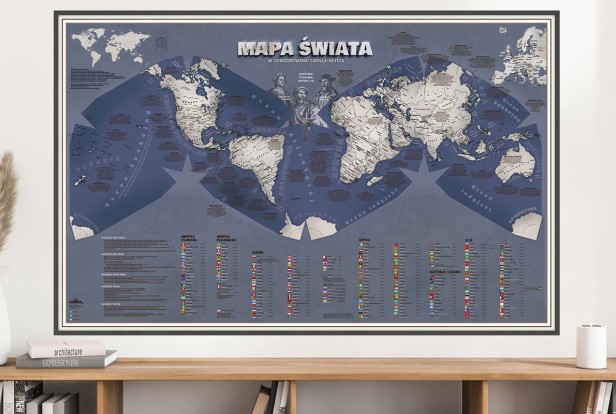 Duża granatowa mapa świata na ścianę 140×90 – dla nastolatka, Cahill–Keyes (prawdziwsze proporcje), państwa + stolice + 50 ciekawostek