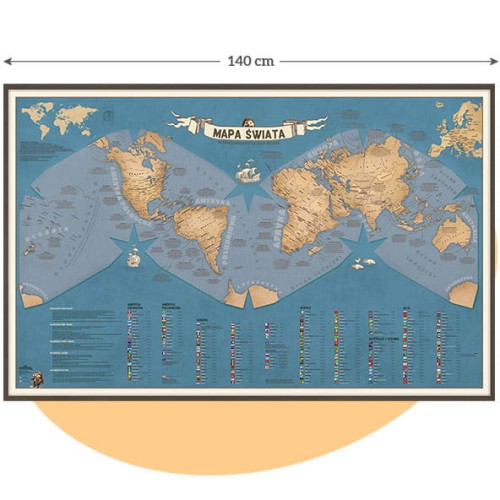 Mapa świata dla dzieci 140×90 cm – Odkrywcy, duży format 140 cm szerokości, edukacyjna mapa na ścianę z flagami i stolicami
