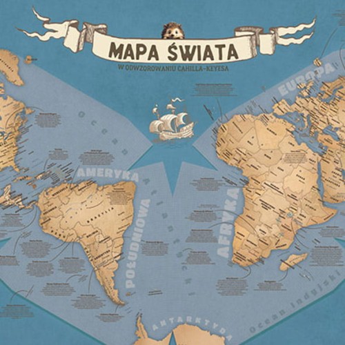 Mapa świata dla dzieci Odkrywcy – zbliżenie tytułu, odwzorowanie Cahill–Keyes, mapa edukacyjna z 50 ciekawostkami o miejscach świata