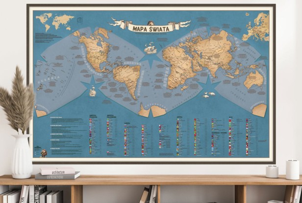 Duża mapa świata dla dzieci na ścianę – Odkrywcy 140×90, dekoracja do pokoju dziecka, państwa + stolice + flagi + 50 ciekawostek