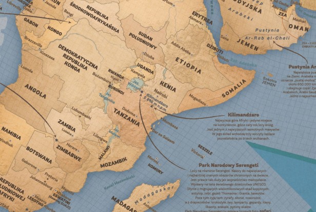 Mapa świata dla dzieci – zbliżenie Afryki (Serengeti, Kilimandżaro), ciekawostki na mapie, edukacyjna mapa świata Odkrywcy