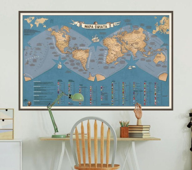 Mapa świata do pokoju dziecka – Odkrywcy, duża mapa edukacyjna na ścianę nad biurko, flagi i stolice + ciekawostki o świecie