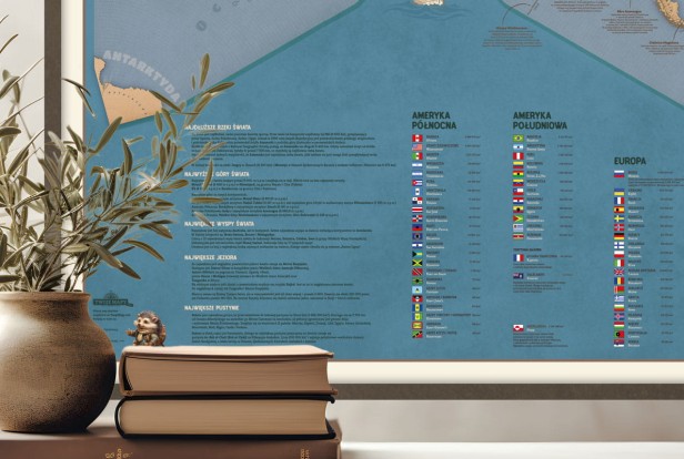 Fragment mapy świata do pokoju dziecka – Odkrywcy, duża mapa edukacyjna na ścianę nad biurko, flagi i stolice + ciekawostki o świecie