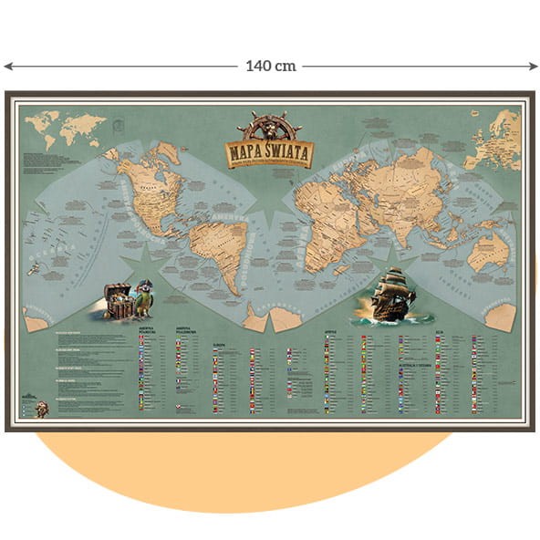 Mapa świata dla dzieci piracka – zbliżenie tytułu i kontynentów, edukacyjna mapa świata z ciekawostkami, odwzorowanie Cahill–Keyes