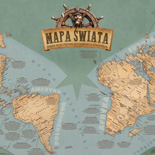 Piracka mapa świata dla dzieci 140×90 cm – duży format 140 cm szerokości, mapa edukacyjna na ścianę z flagami i stolicami