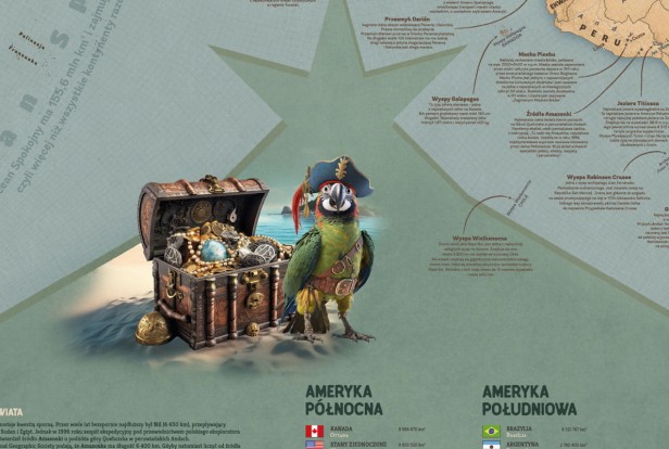 Mapa świata dla dzieci piracka – zbliżenie Afryki (Serengeti, Kilimandżaro) i statku, ciekawostki na mapie, edukacyjna mapa świata