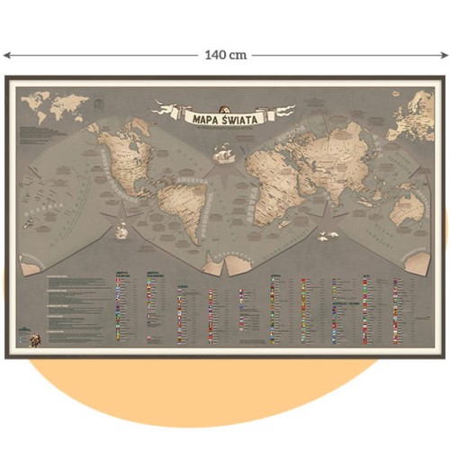 Przygodowa mapa świata dla dzieci 140×90 cm – duży format 140 cm szerokości, mapa edukacyjna na ścianę z flagami i stolicami