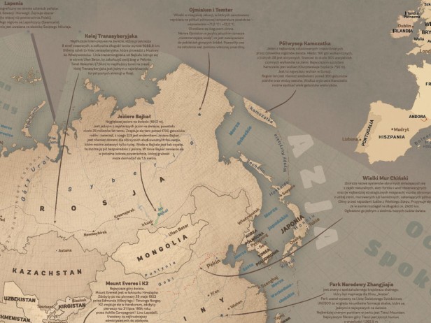Przygodowa mapa świata dla dzieci – wschodniej części Azji, czytelne nazwy krajów, mapa z flagami i stolicami (140×90)