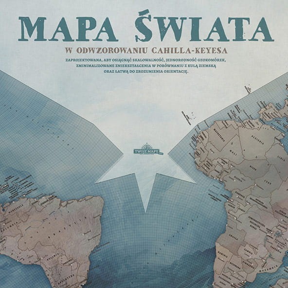 Mapa świata Burza – zbliżenie detali i projekcji Cahill–Keyes, dekoracyjna mapa na ścianę