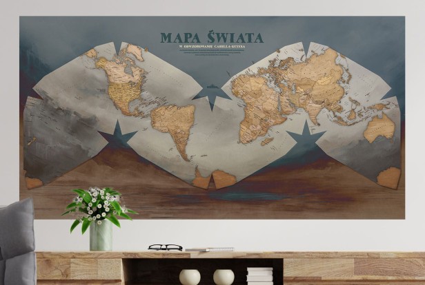 Dekoracyjna mapa świata na ścianę – styl malowany, odwzorowanie Cahill-Keyes