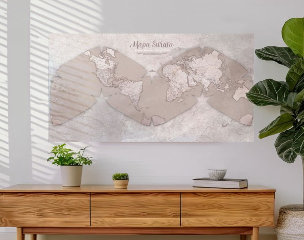 Dekoracyjna mapa świata marmurowa na ścianie – plakat do salonu, nowoczesna dekoracja, 134×70 cm