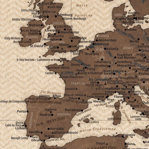 Turystyczna mapa świata na ścianę – zbliżenie na Europę