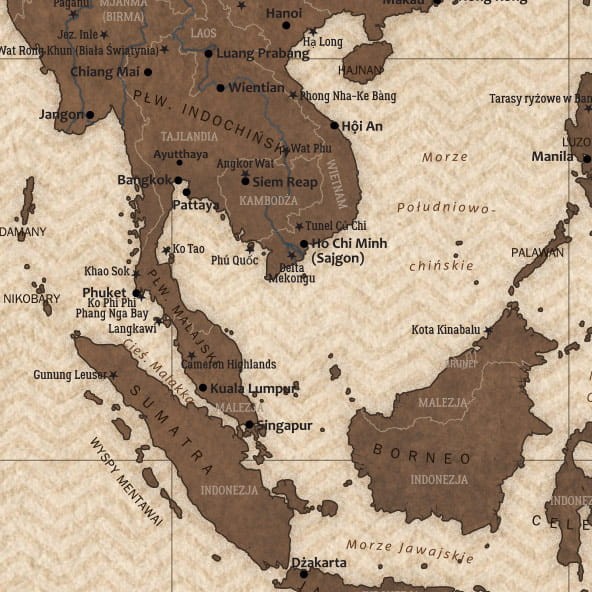 Turystyczna mapa świata na ścianę – zbliżenie na Indochiny