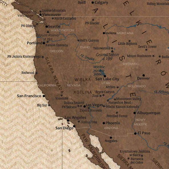 Turystyczna mapa świata na ścianę – zbliżenie na zachód USA