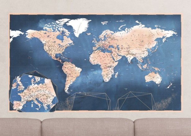 Akwarelowa mapa świata w aranżacji wnętrza – dekoracja dla podróżników
