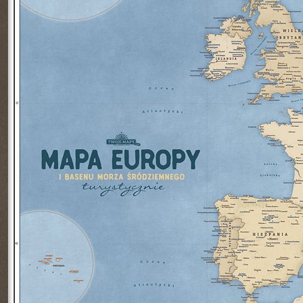 Mapa Europy turystyczna classic – zbliżenie: atrakcje turystyczne i miasta