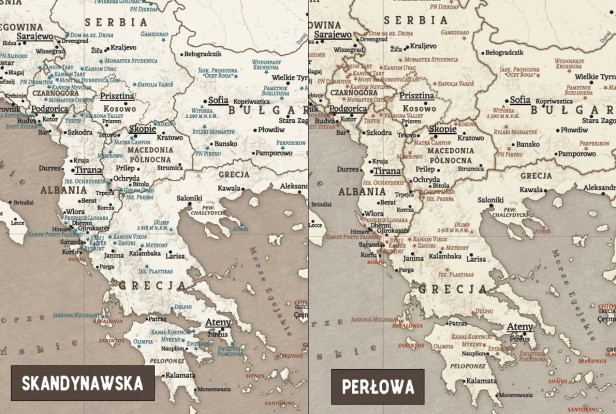 Mapa Europy skandynawska – porównanie wersji perłowej i skandynawskiej (kolorystyka)