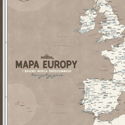 Mapa Europy i Morza Śródziemnego – fragment: atrakcje turystyczne, miasta i stolice