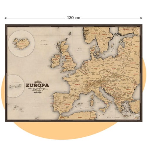 Beżowa turystyczna mapa Europy na ścianę 130×91 cm – cała mapa z tytułem „Europa nasze podróże”