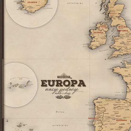 Fragment beżowej mapy Europy – tytuł „Europa nasze podróże małe i duże” oraz wstawki z Islandią i wyspami
