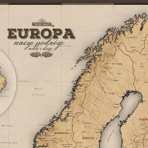 Mapa Europy beżowa pionowa – zbliżenie tytułu i północnej Europy