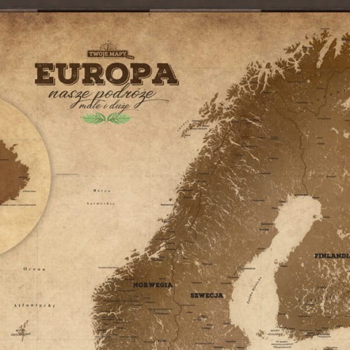 Zbliżenie na turystyczną mapę Europy (brązowa, pionowa)
