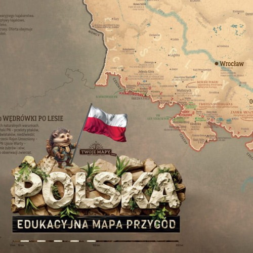 Logo „Polska – edukacyjna mapa przygód” na mapie Polski dla dzieci (detal)