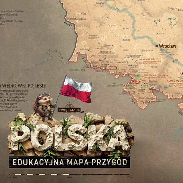 Logo „Polska – edukacyjna mapa przygód” na mapie Polski dla dzieci (detal)