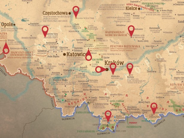 Południe Polski na mapie dla dzieci – Tatry i Podhale, zaznaczone miejsca do odwiedzenia