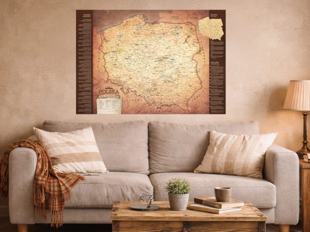 Plakat – Turystyczna Mapa Polski we wnętrzu (aranżacja na ścianie)
