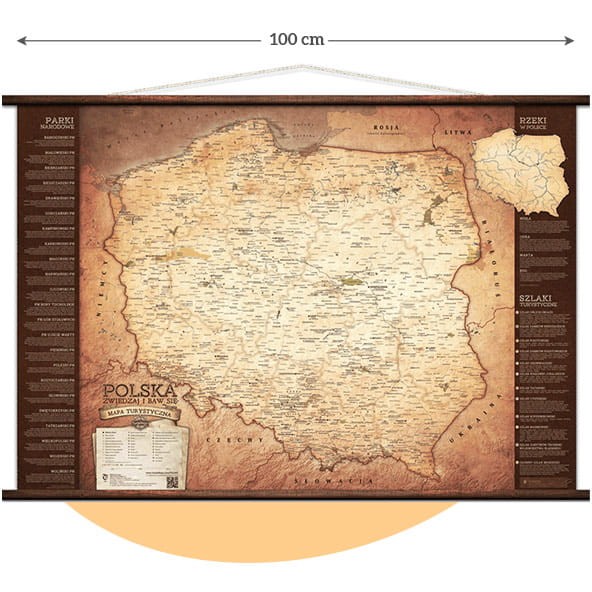 Turystyczna Mapa Polski oprawiona w drewniane półwałki – gotowa do powieszenia