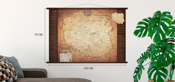 Turystyczna Mapa Polski 100×70 cm – wersja z drewnianymi półwałkami