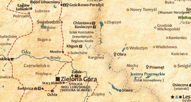 Turystyczna Mapa Polski vintage - fragment lubuskie