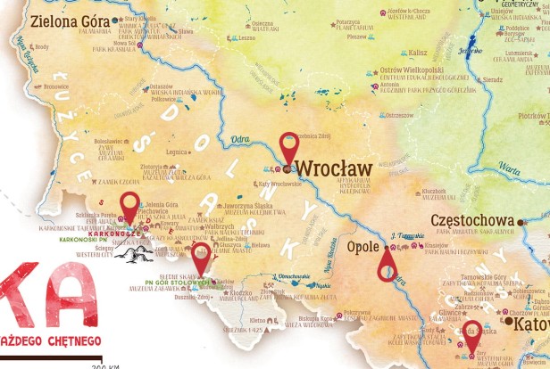 Sudety na mapie Polski dla dzieci – region Dolnego Śląska i atrakcje (detal)