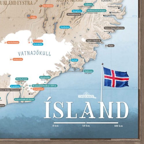 Turystyczna mapa Islandii – tytuł i dolna część mapy (detal)