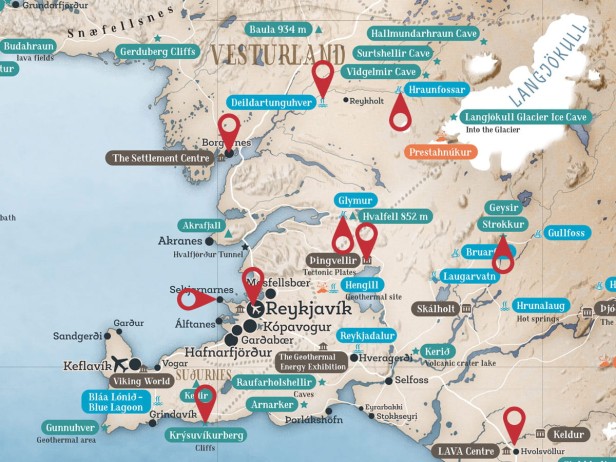 Okolice Reykjavíku na mapie Islandii – zaznaczone atrakcje i punkty trasy (detal)