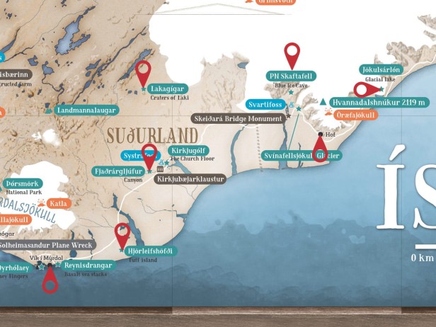 Południowe wybrzeże Islandii – okolice Vík i zaznaczone atrakcje (detal)